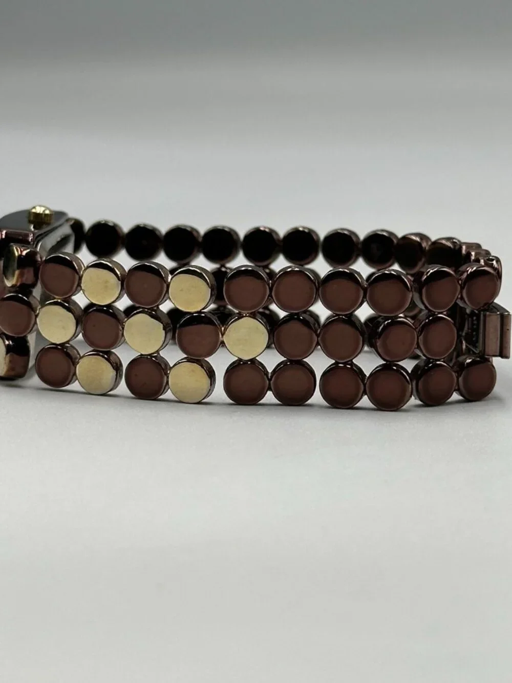 3/$30 Valletta Watch Women Gold Brown Two Tone Circle Link Band Rectangle